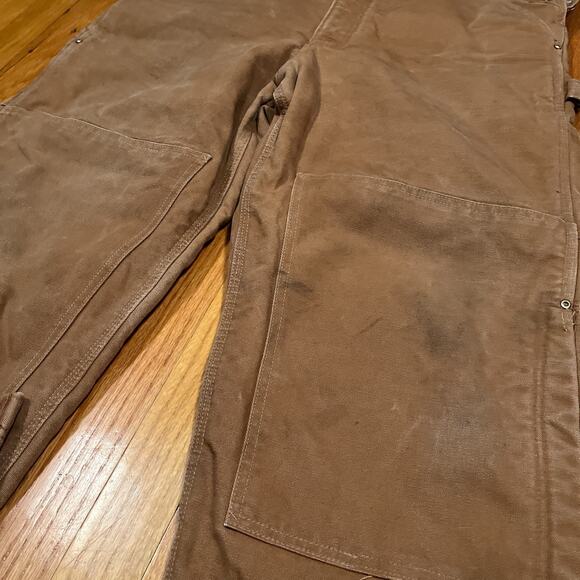Carhartt Duck Bib Overalls Sz 38x28 Double Knee Red Quilt Canvas Lined Workwear - Picture 3 of 9